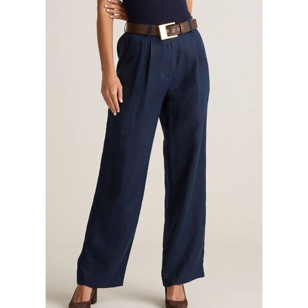 Quince 100% European Linen Navy Blue Pleated Trousers Women Sz 12 High Rise EUC